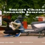 EV Sports Dyna electric scooter being charged at a smart charging station by a woman outdoors, highlighting convenient, efficient, and eco-friendly electric mobility solutions.