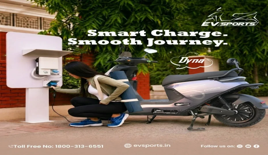 EV Sports Dyna electric scooter being charged at a smart charging station by a woman outdoors, highlighting convenient, efficient, and eco-friendly electric mobility solutions.