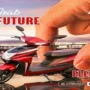 EV Sports red electric scooter displayed in a creative advertisement, held between fingers to symbolize compact and smart mobility, with the tagline 'Grab the Future, Go Electric' against a scenic waterfront sunset background.