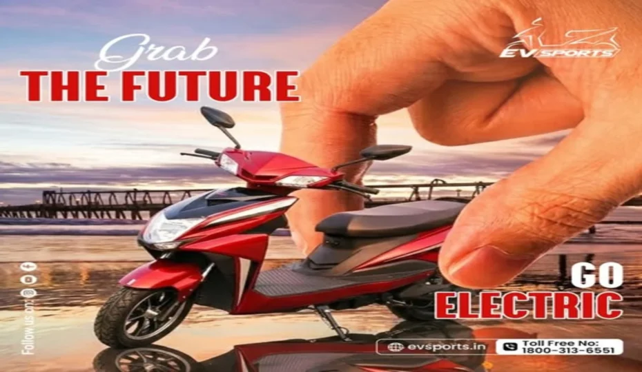 EV Sports red electric scooter displayed in a creative advertisement, held between fingers to symbolize compact and smart mobility, with the tagline 'Grab the Future, Go Electric' against a scenic waterfront sunset background.