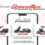 EV Sports electric scooter lineup featuring Apex S1, Glide, and Dyna models displayed on a smartphone screen with the tagline "Driven by Innovation, Powered by Electricity" and EV Sports website information.