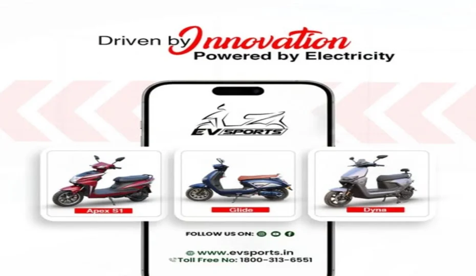 EV Sports electric scooter lineup featuring Apex S1, Glide, and Dyna models displayed on a smartphone screen with the tagline "Driven by Innovation, Powered by Electricity" and EV Sports website information.