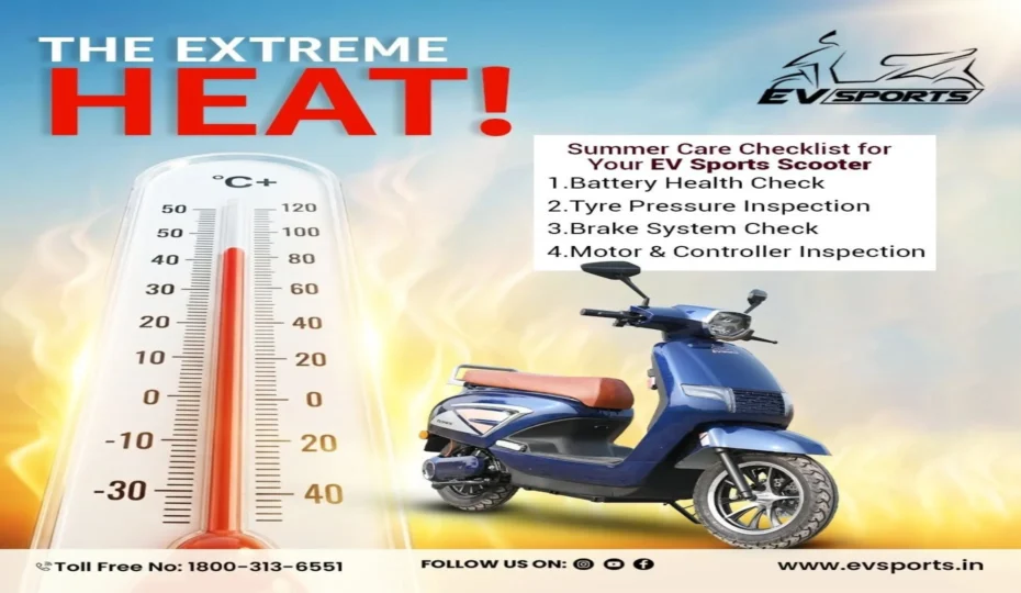 Blue EV Sports electric scooter with a summer maintenance checklist highlighting battery health, tyre pressure, brake system, and motor inspection for safe riding in hot weather.