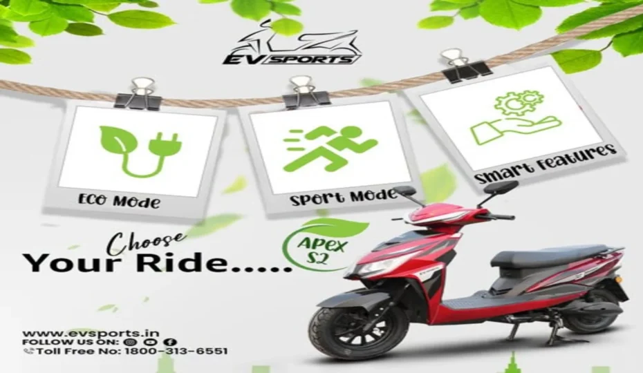 EV Sports Apex S2 electric scooter featuring Eco Mode, Sport Mode, and smart features for efficient, high-performance, and intelligent urban commuting.
