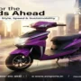 EV SPORTS purple electric scooter parked in a modern city with the tagline "Built for the Roads Ahead," showcasing a stylish, eco-friendly scooter designed for daily urban commuting.