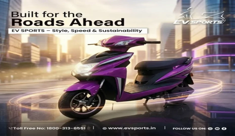 EV SPORTS purple electric scooter parked in a modern city with the tagline "Built for the Roads Ahead," showcasing a stylish, eco-friendly scooter designed for daily urban commuting.
