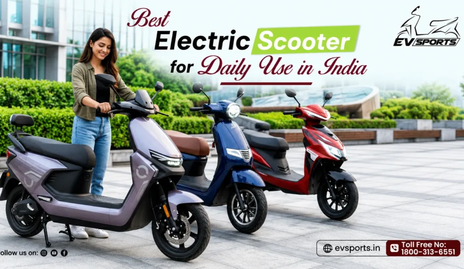 EV Sports electric scooters displayed in multiple colors, showcasing stylish, eco-friendly models designed for comfortable and cost-effective daily commuting in India.