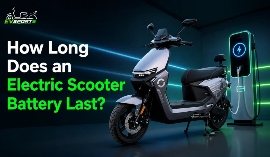 Electric scooter battery life explained with EV charging station and modern EV scooter for long-lasting performance.