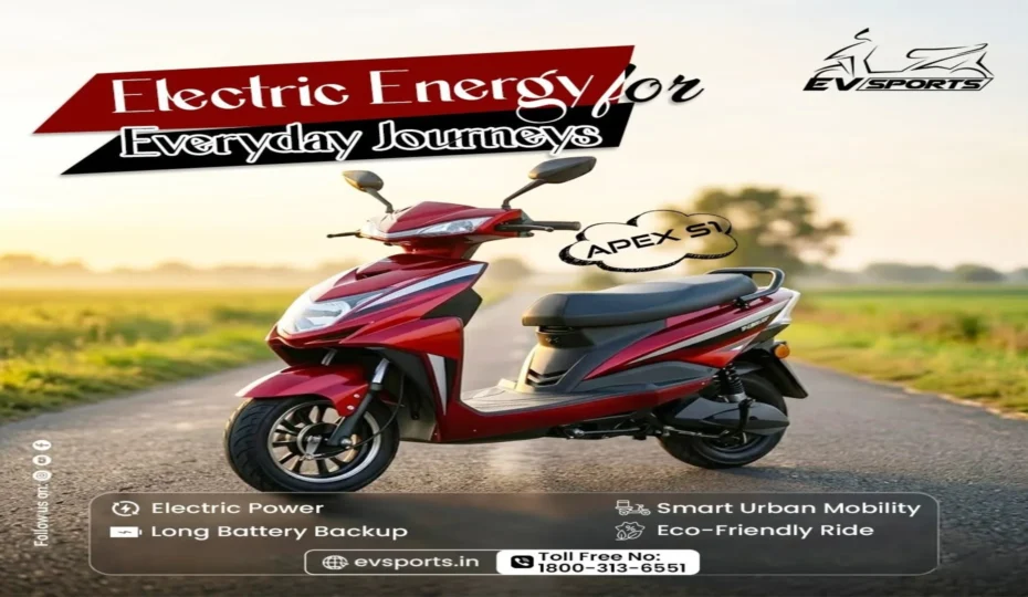 Red EVSPORTS Apex S1 electric scooter on a countryside road promoting eco-friendly and smart urban mobility.