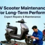 EV Sports electric scooter undergoing professional maintenance with a technician inspecting the vehicle, highlighting expert repairs, preventive servicing, and genuine spare parts for long-term performance.