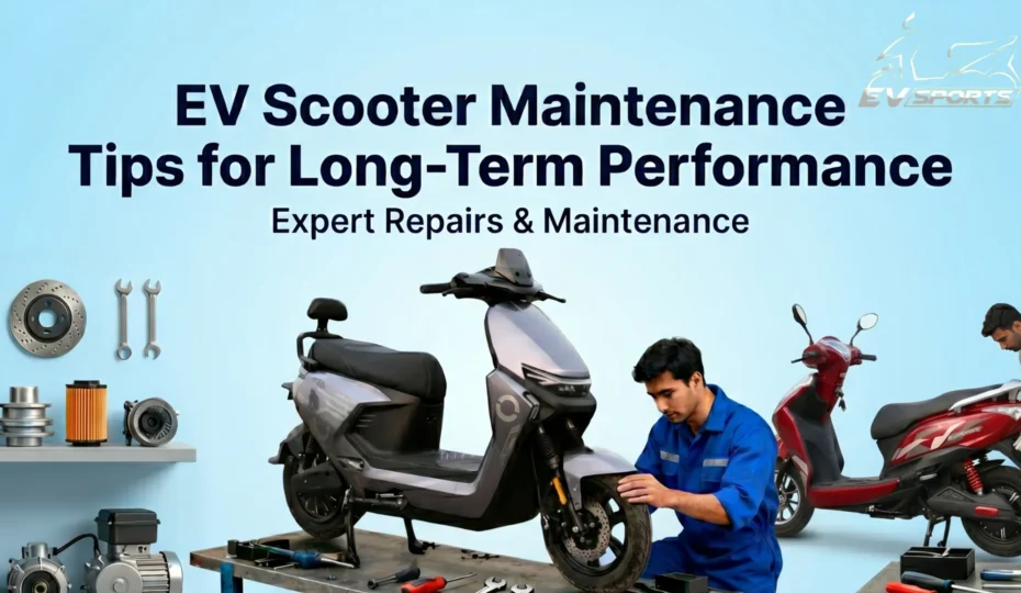 EV Sports electric scooter undergoing professional maintenance with a technician inspecting the vehicle, highlighting expert repairs, preventive servicing, and genuine spare parts for long-term performance.