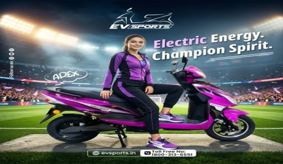 EV Sports APEX electric scooter in vibrant purple displayed in a stadium with a young rider wearing sportswear, promoting eco-friendly urban mobility and electric performance.