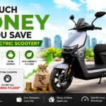 EV SPORTS grey electric scooter showing cost savings, low maintenance, eco-friendly commuting, and home charging benefits.