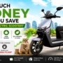 EV SPORTS grey electric scooter showing cost savings, low maintenance, eco-friendly commuting, and home charging benefits.