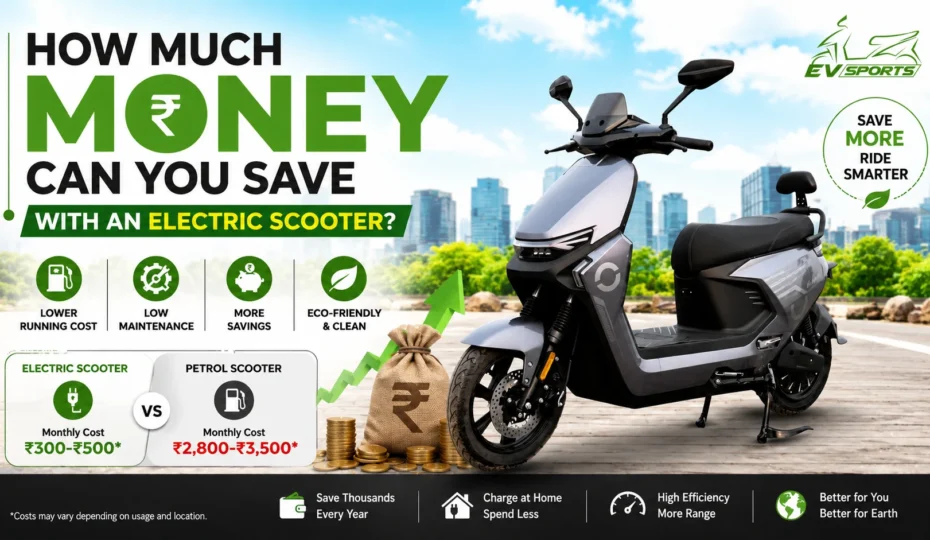 EV SPORTS grey electric scooter showing cost savings, low maintenance, eco-friendly commuting, and home charging benefits.