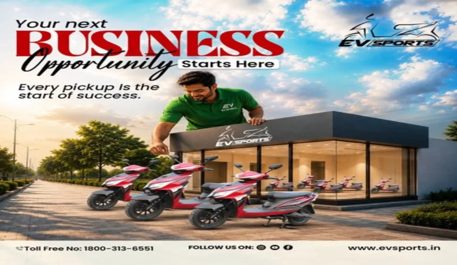 EV Sports electric scooter dealership showcasing premium electric scooters and highlighting business opportunities in the growing EV market.