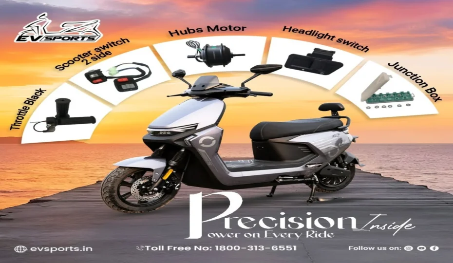 EV Sports electric scooter with essential spare parts including hub motor, throttle, headlight switch, scooter switch assembly, and junction box for reliable performance.
