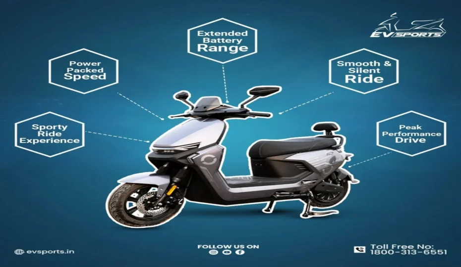 EV Sports electric scooter featuring extended battery range, power-packed speed, smooth silent ride, sporty riding experience, and peak performance for daily commuting in India.