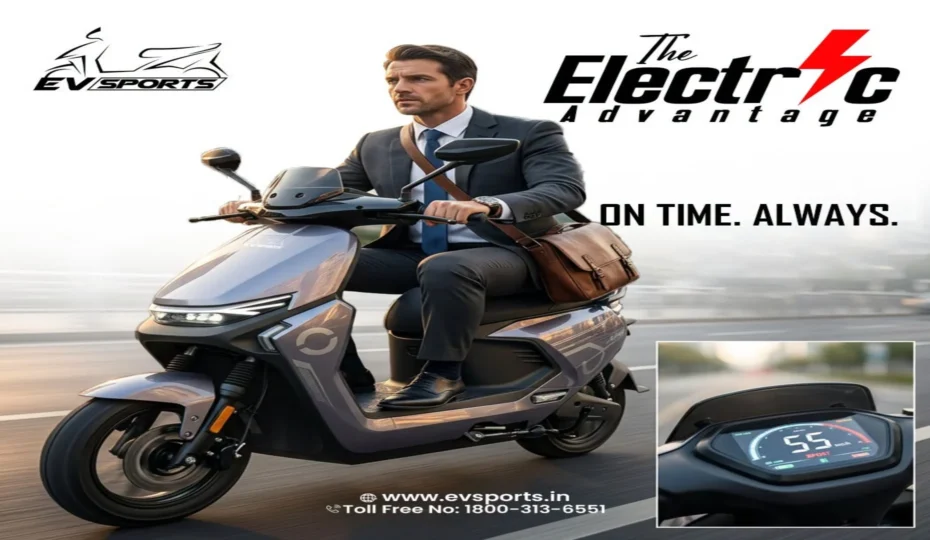 Professional riding an EV Sports electric scooter featuring a smart digital dashboard, premium design, and eco-friendly performance for fast and reliable daily office commuting.