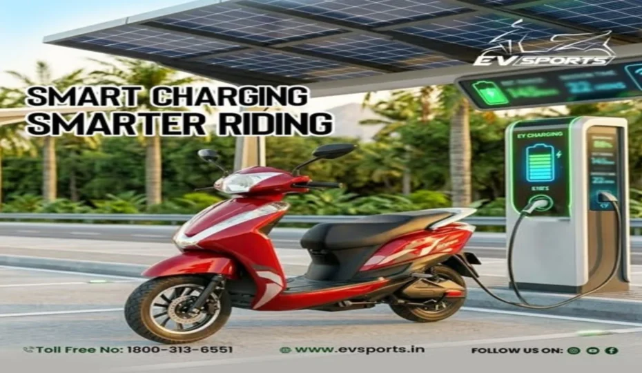 EV Sports electric scooter charging at a smart EV charging station with solar panels, showcasing intelligent charging technology for efficient and sustainable urban mobility.