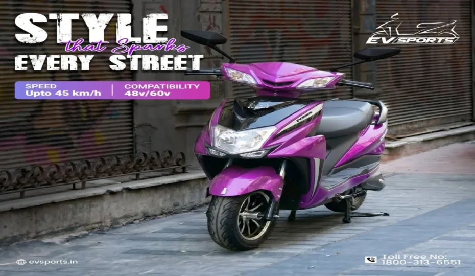 Purple EV Sports electric scooter featuring a stylish design, top speed up to 45 km/h, and 48V/60V battery compatibility for smooth and eco-friendly daily commuting.