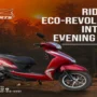 EV Sports Zipster red electric scooter parked outdoors at sunset, promoting eco-friendly evening commuting with stylish design and sustainable electric mobility.