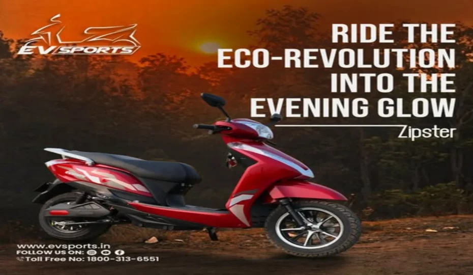EV Sports Zipster red electric scooter parked outdoors at sunset, promoting eco-friendly evening commuting with stylish design and sustainable electric mobility.