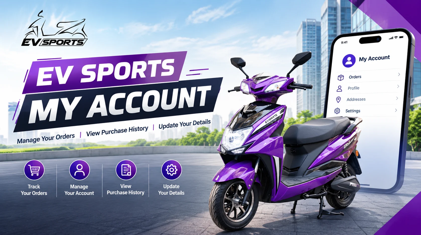 EV Sports My Account page featuring an electric scooter